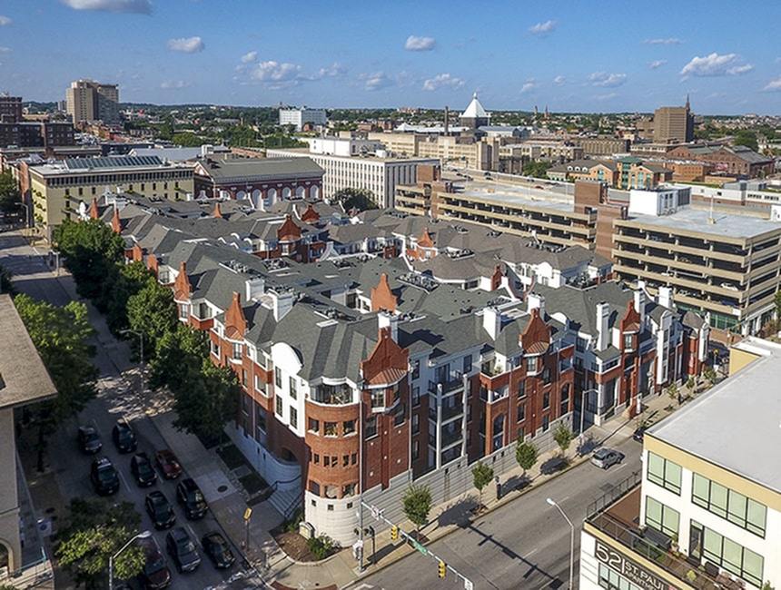Birds-eye view of Waterloo Place Apartments in the city