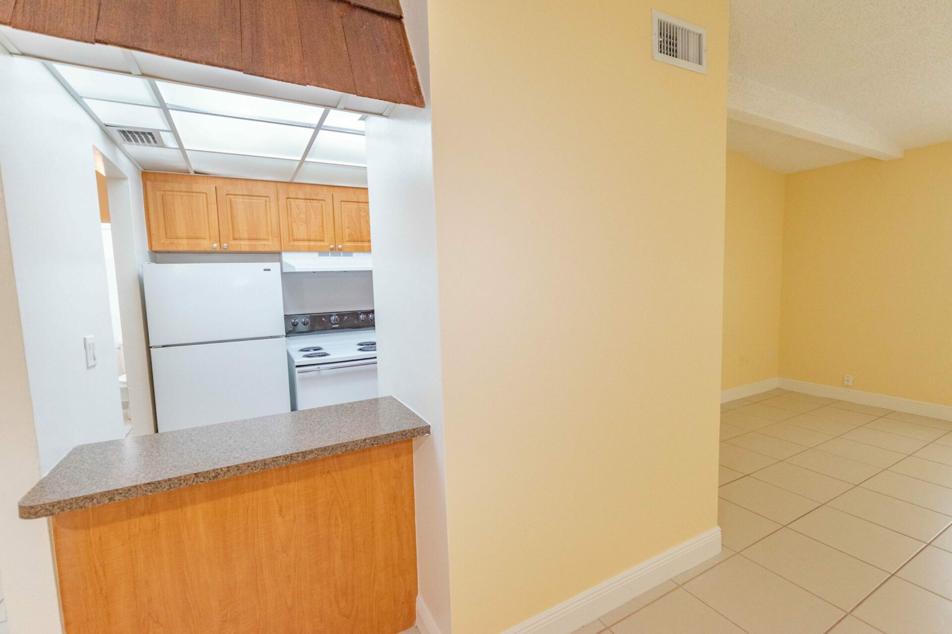 Spacious living and dining area with a counter and kitchen in an apartment.