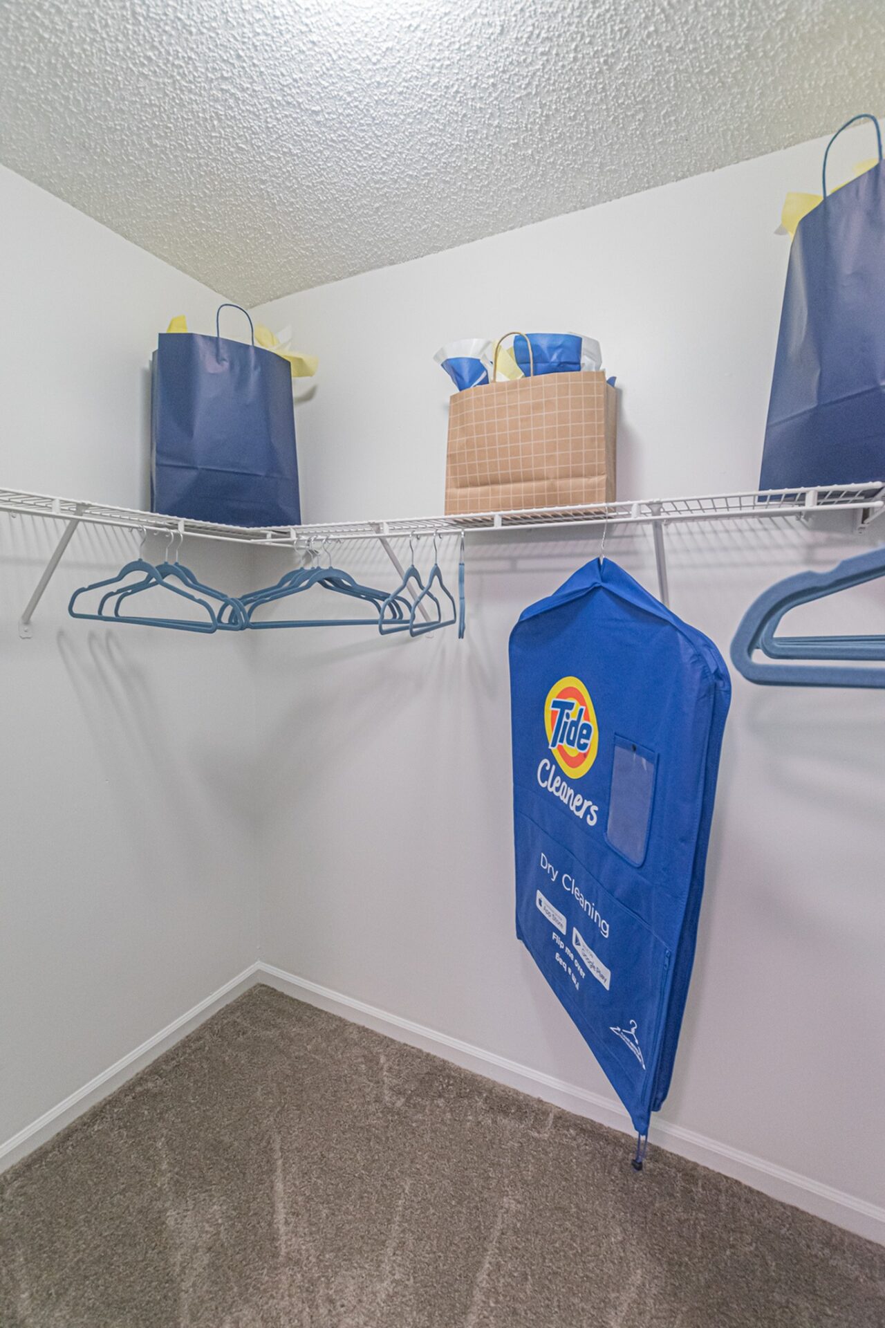 Spacious walk-in closet with shelves and hangers in an apartment at Beach Walk at Sheridan.