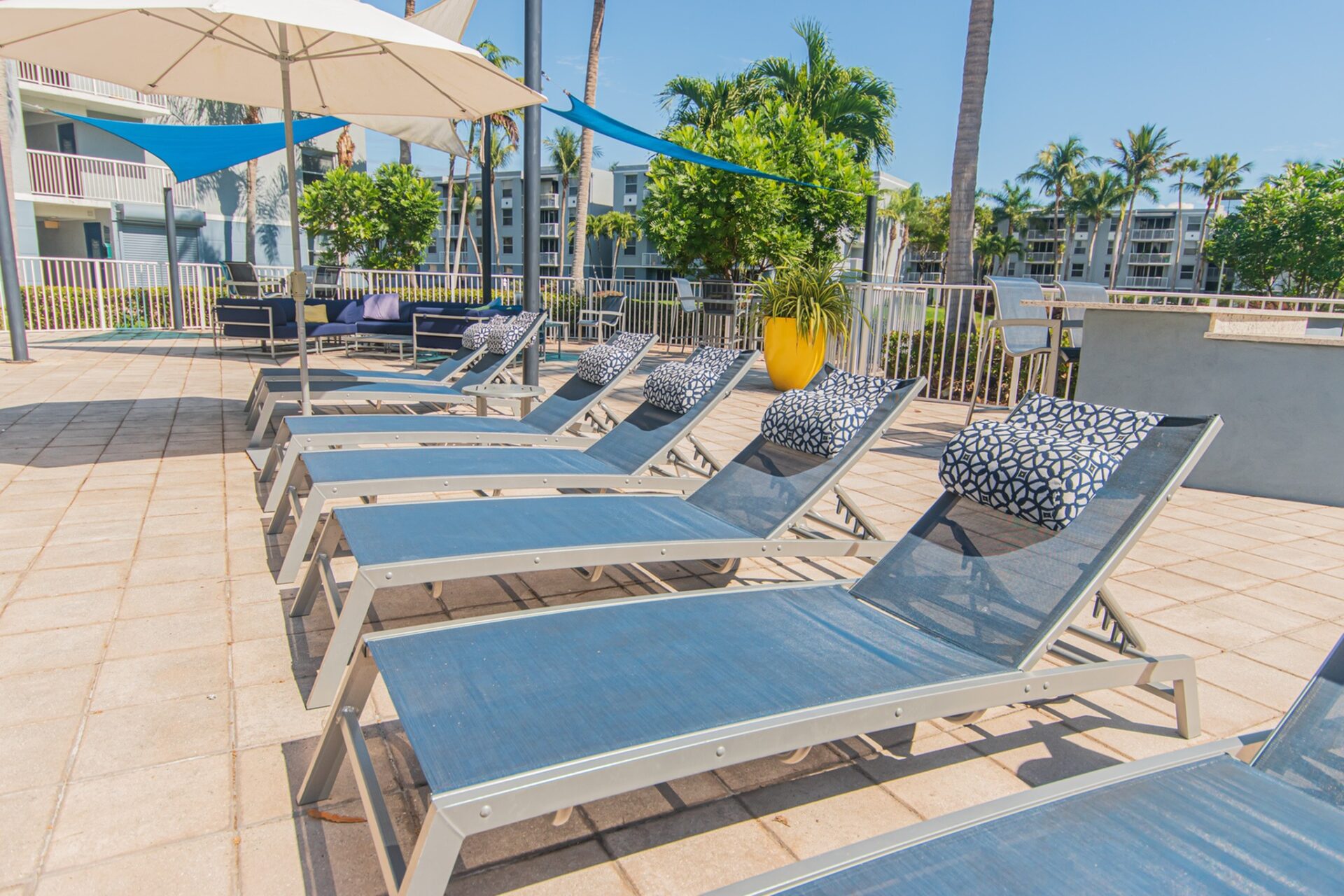 A line of outdoor lounge chairs in the pool area.