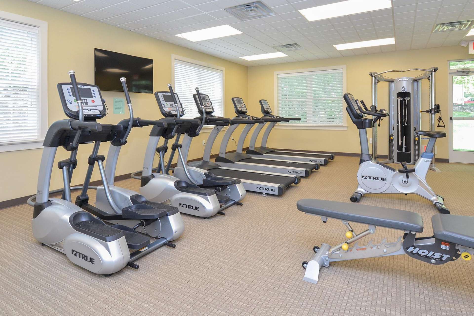 The carpeted fitness center at The Lafayette apartments