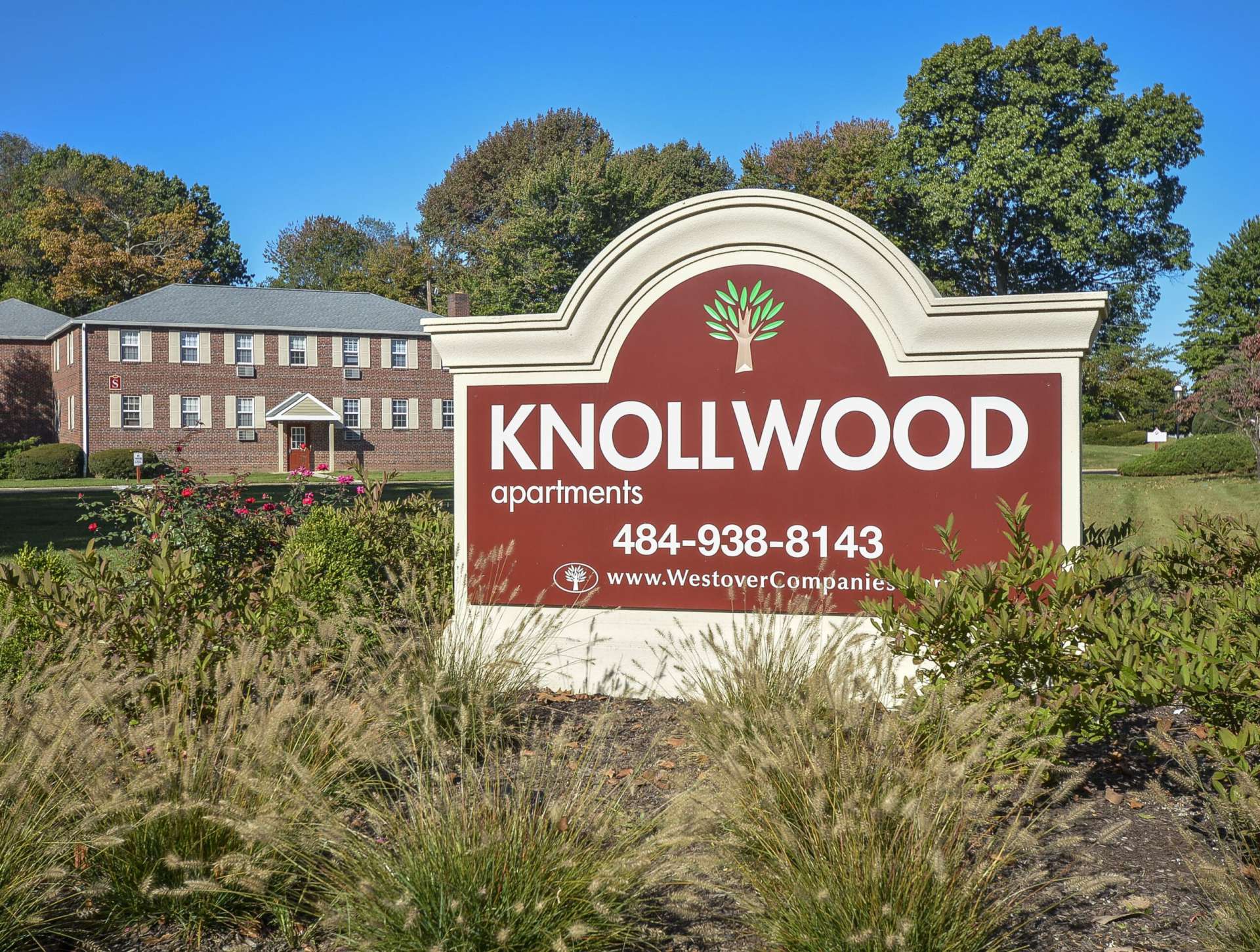 Knollwood Apartments sign surrounded by plants.