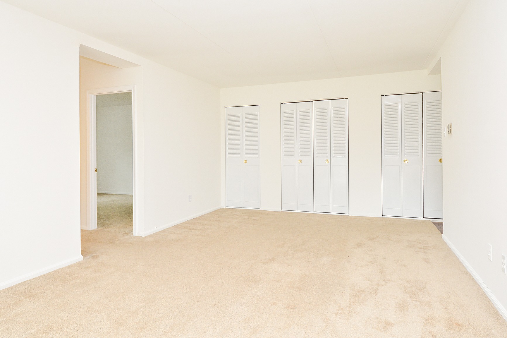 Carpeted living room space with closet space in an apartment in King of Prussia, PA.