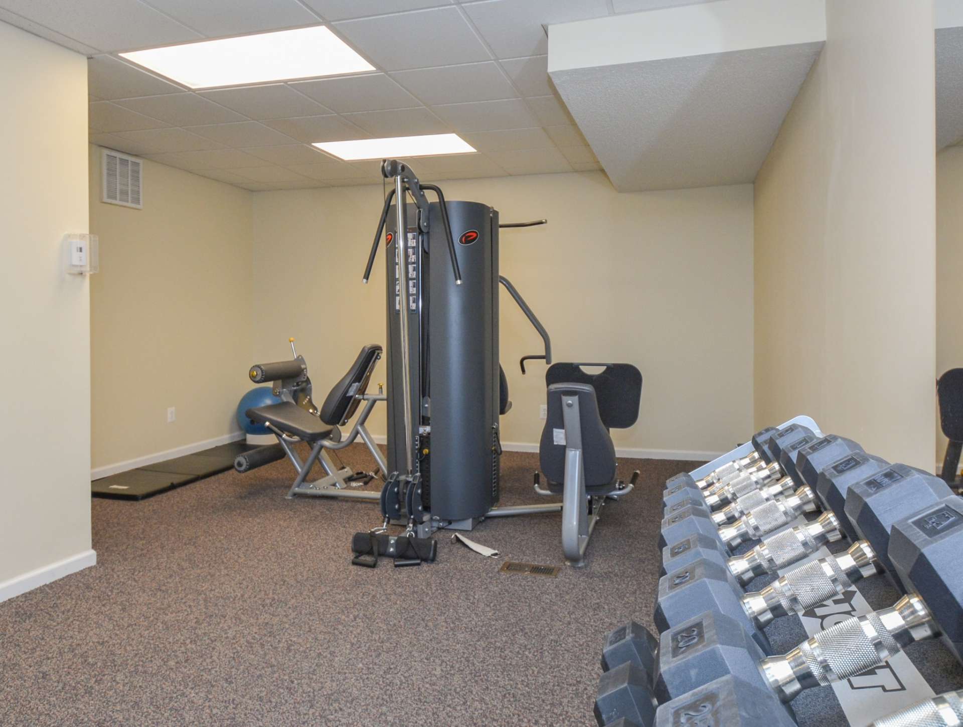 A variety of workout equipment including weights and yoga ball in an indoor gym.