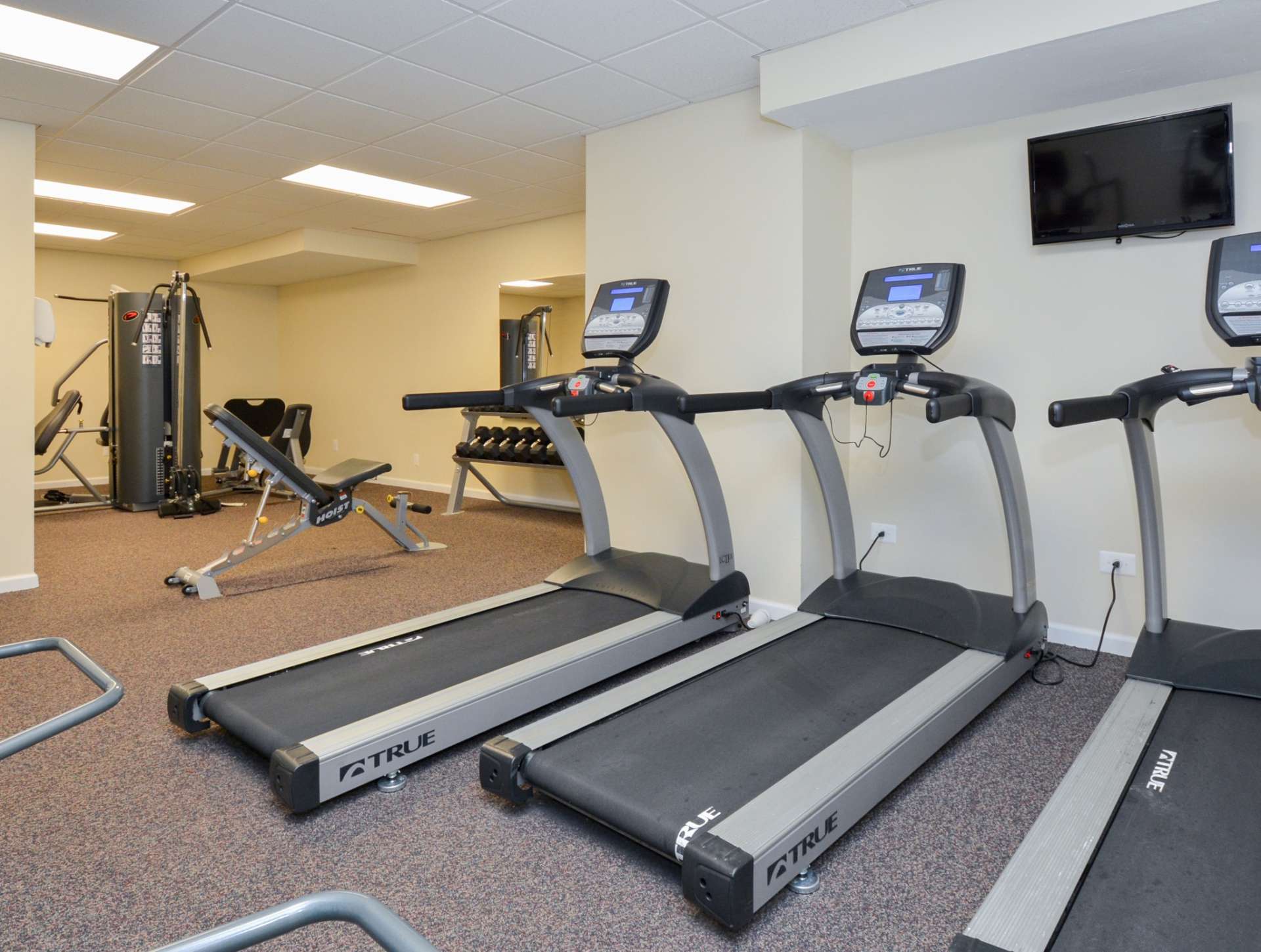 3 treadmills in front of a TV hanging on a wall in an indoor gym.