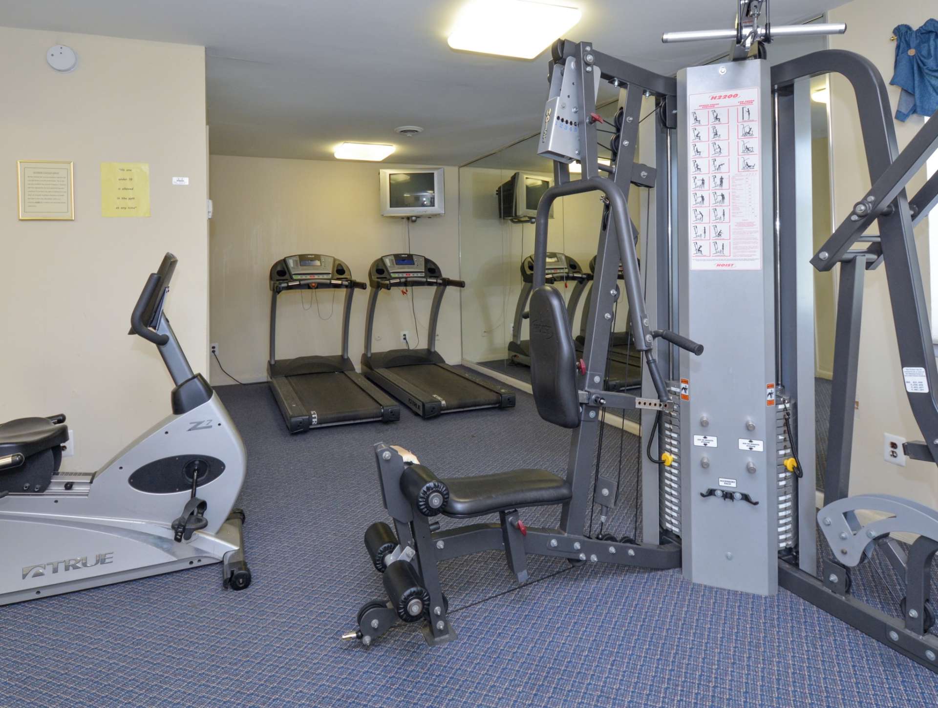 Indoor gym with multiple mirrors and a variety of workout equipment.