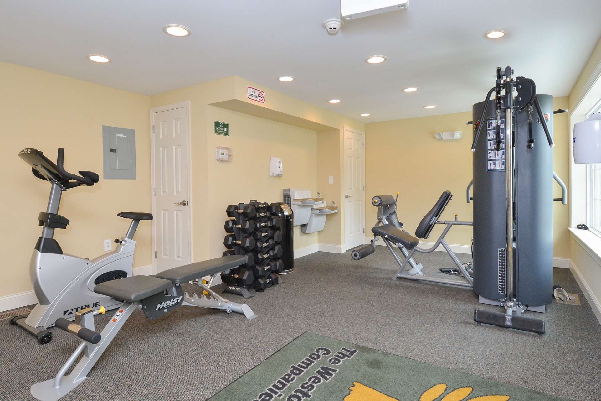 Various workout equipment, a large window, and water fountain in an indoor gym at Greenville on 141.