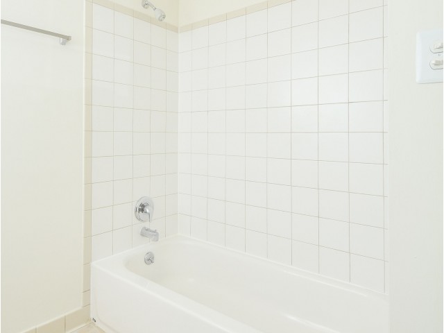 Bathtub in a bathroom of an apartment at Glen Eagle Village in Newark, DE.