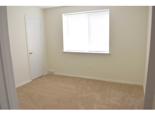 Bedroom area of an apartment unfurnished, fitted with carpet flooring, and huge windows
