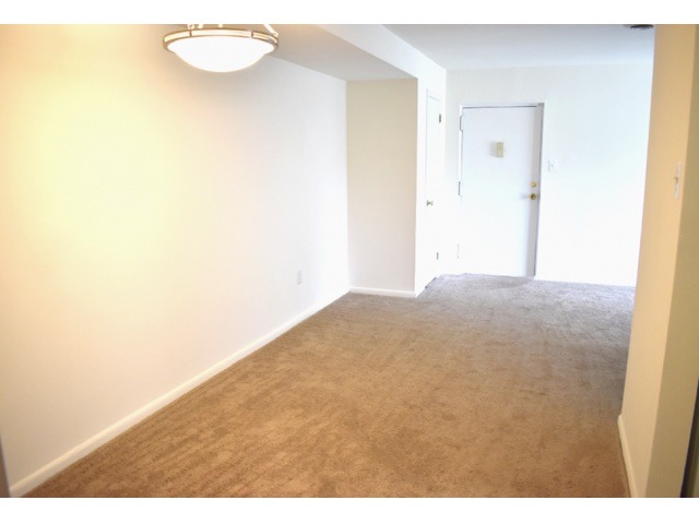 The living room area of an apartment, fitted with carpet flooring, and a door entrance