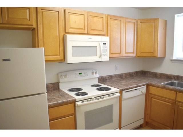 Kitchen area of an apartment, fitted with a fridge, spacious cabinets, marble counters, a fridge, and a stove