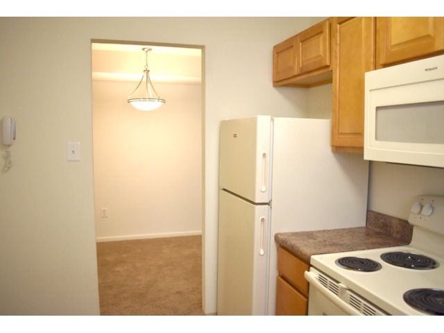 Kitchen area of an apartment, fitted with spacious cabinets, a fridge, and a stove
