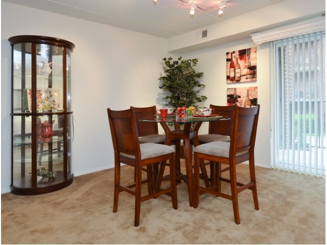 Circular dining table with 4 chairs next to the sliding glass doors to the patio.