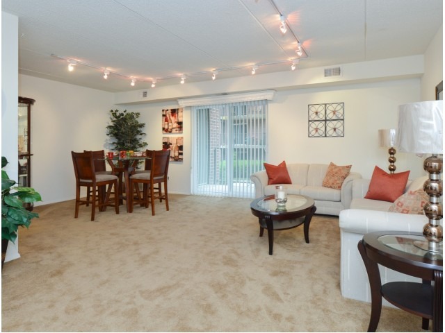 Spacious living and dining area with light brown carpet and sliding glass doors to the patio.