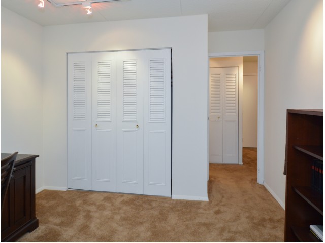 Bedroom with light brown carpet and closet.