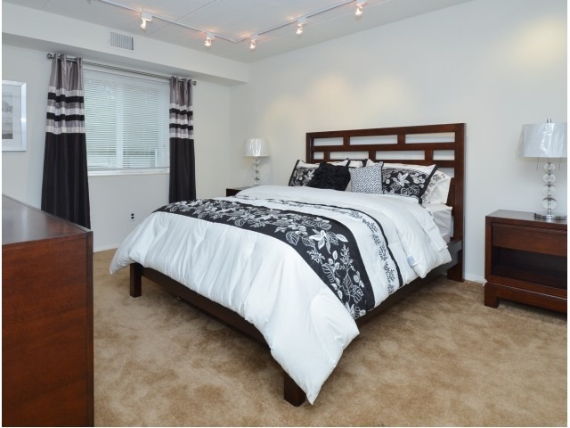 Spacious bedroom with ceiling lights, light brown carpets, and a large window.