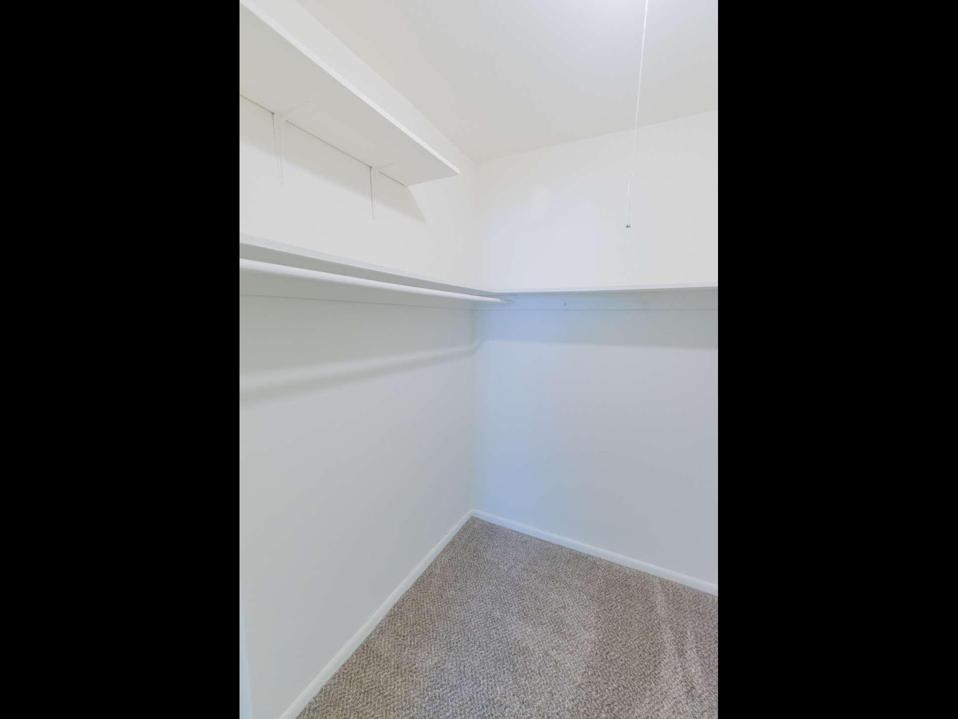 Inside of a walk-in closet with shelves and grey carpeting.
