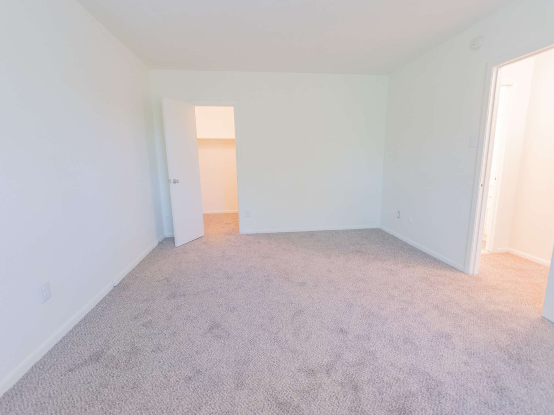 Spacious and carpeted bedroom with a closet and white walls.