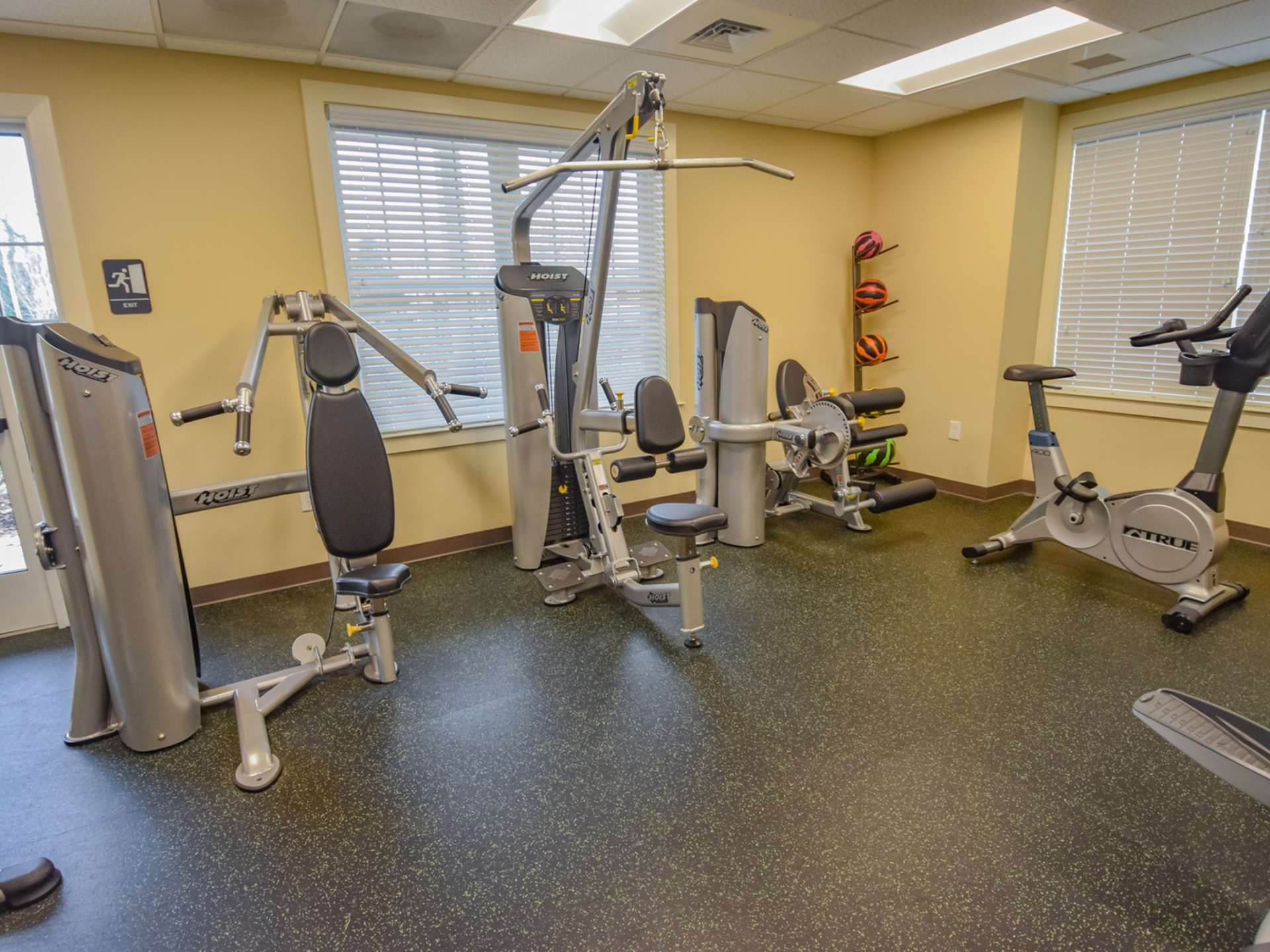Indoor gym with a variety of workout equipments and two large windows at Lake Club Apartments.
