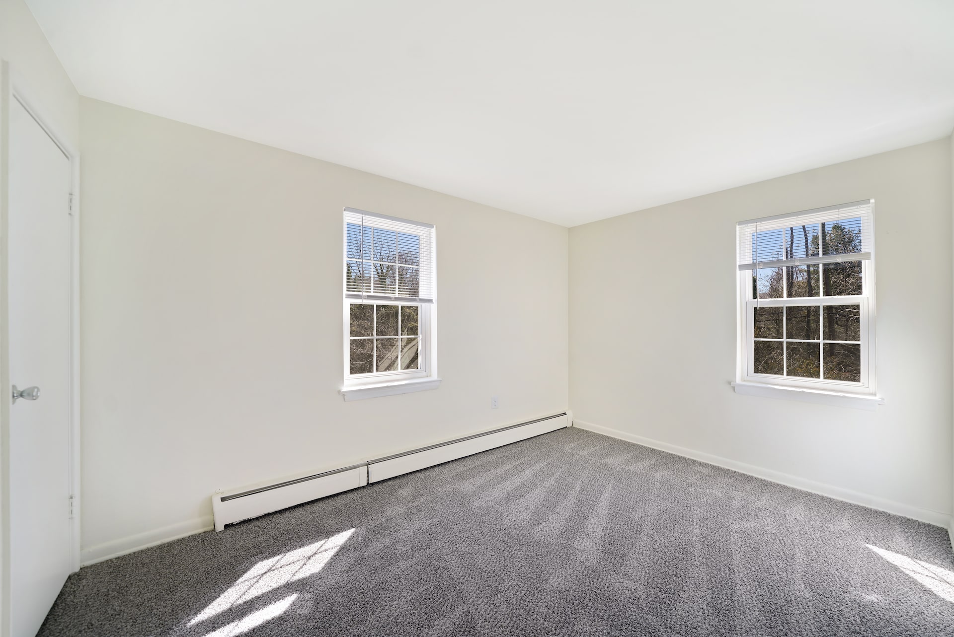 Carpeted bedroom area with 2 windows.