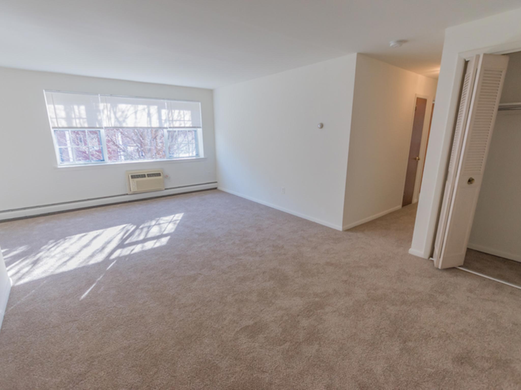 Spacious living area with a large window and a coat closet.