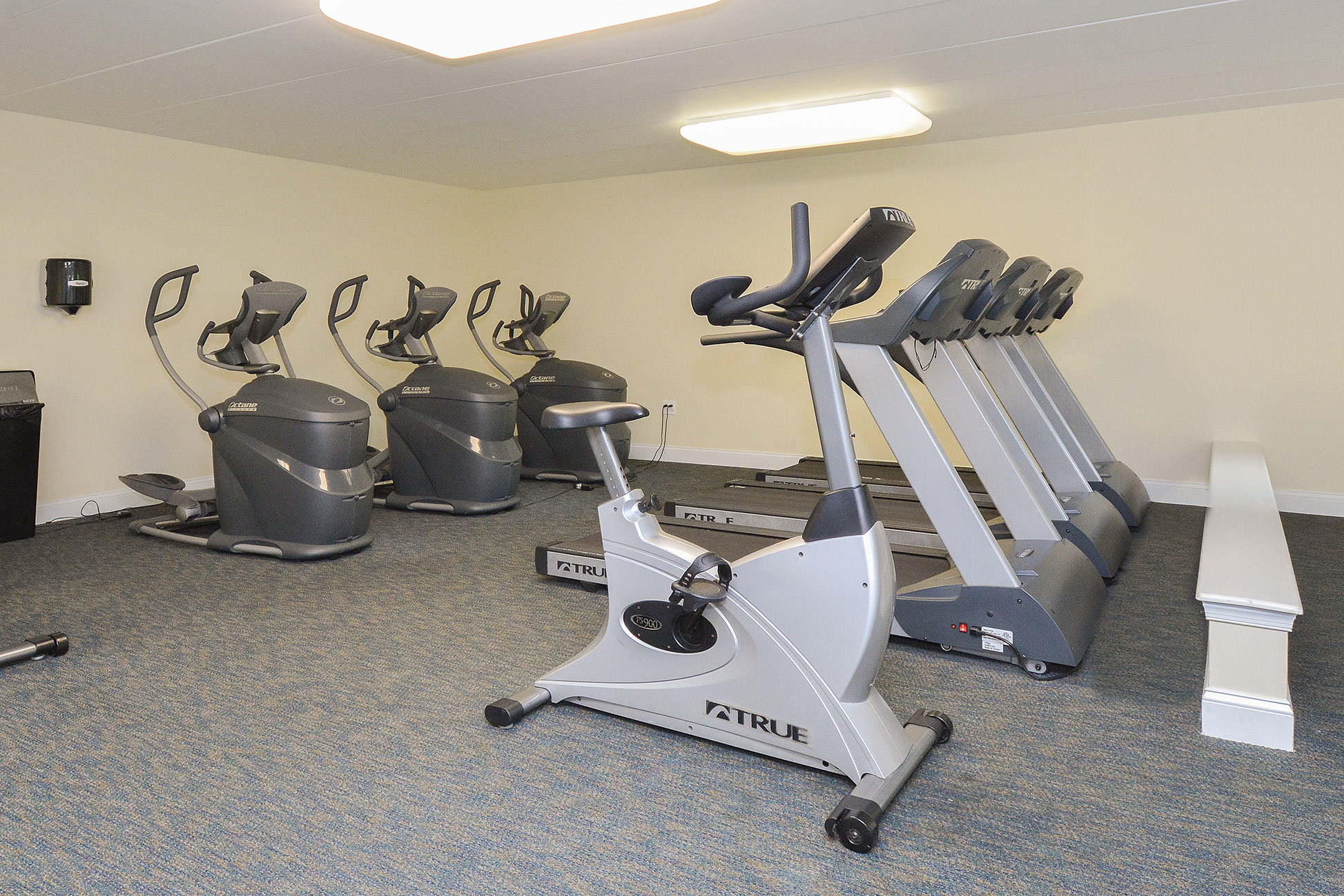 Fitness center area of our community, fitted with fitness machines, soft flooring, and a high ceiling