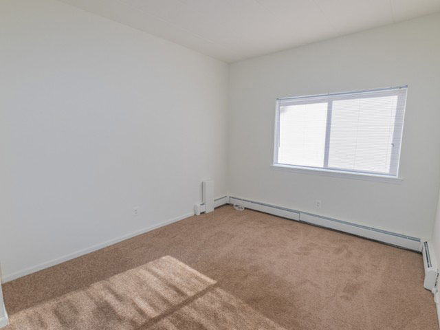 Bedroom area of an apartment unfurnished, fitted with carpet flooring, huge windows, and a high ceiling