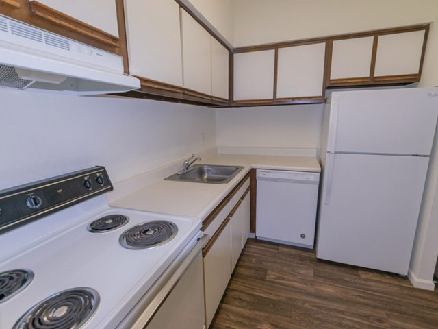 Kitchen area of an apartment, fitted with vinyl flooring, a fridge, a stove, and spacious cabinets