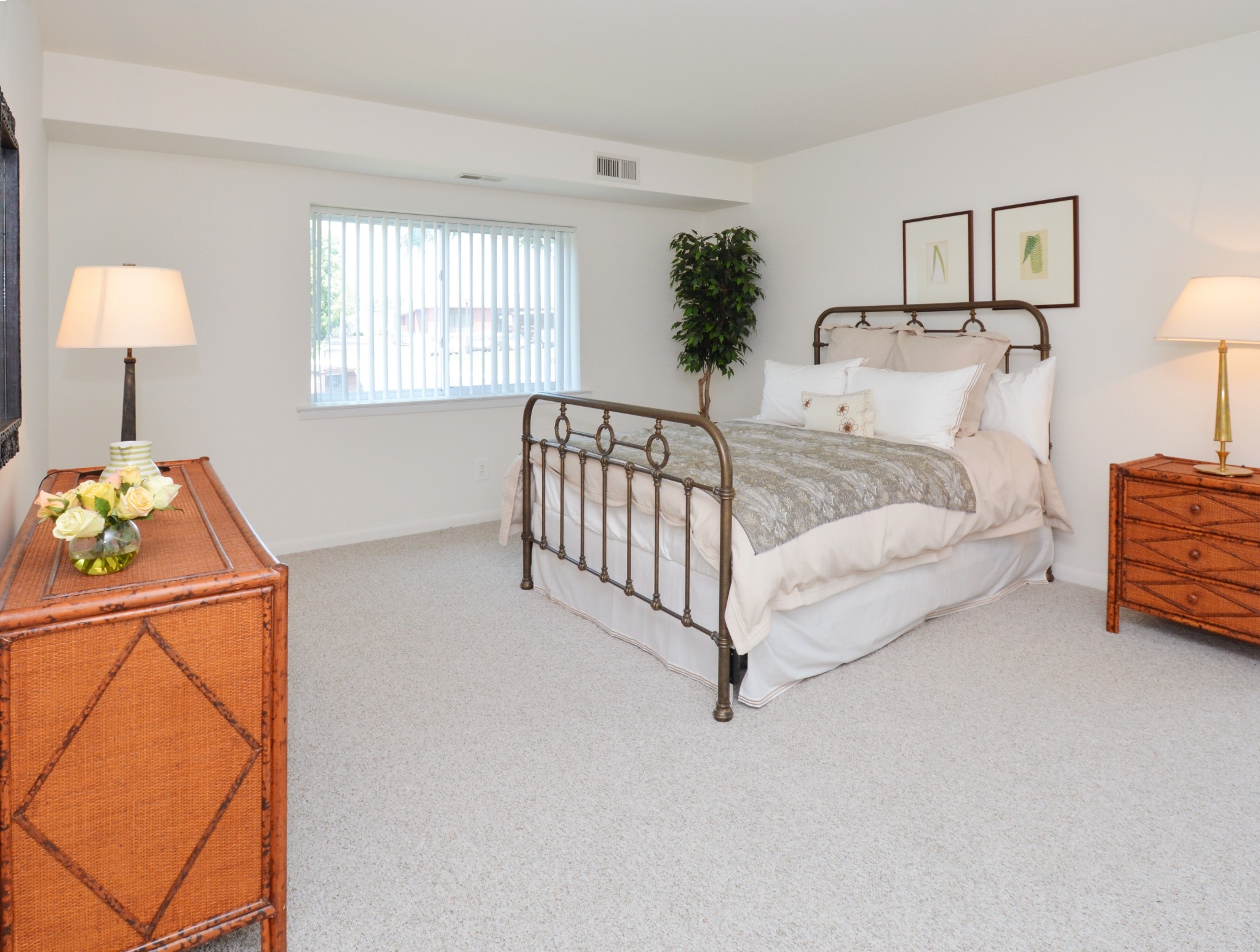 A carpeted bedroom with a window and a queen bed at Valley Stream Apartments