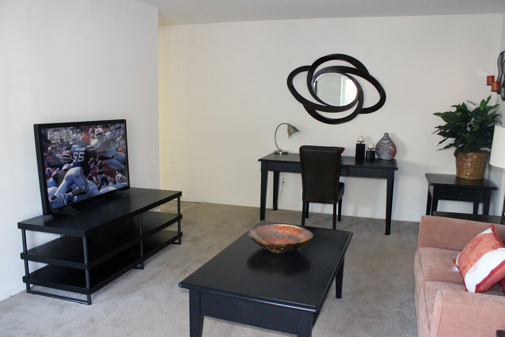 The living room area of an apartment, fitted with a couch, and a TV
