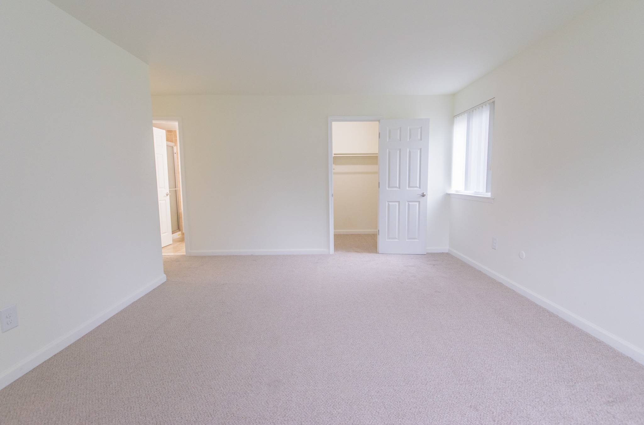 Large carpeted bedroom with a walk-in closet at Valley Stream Apartments