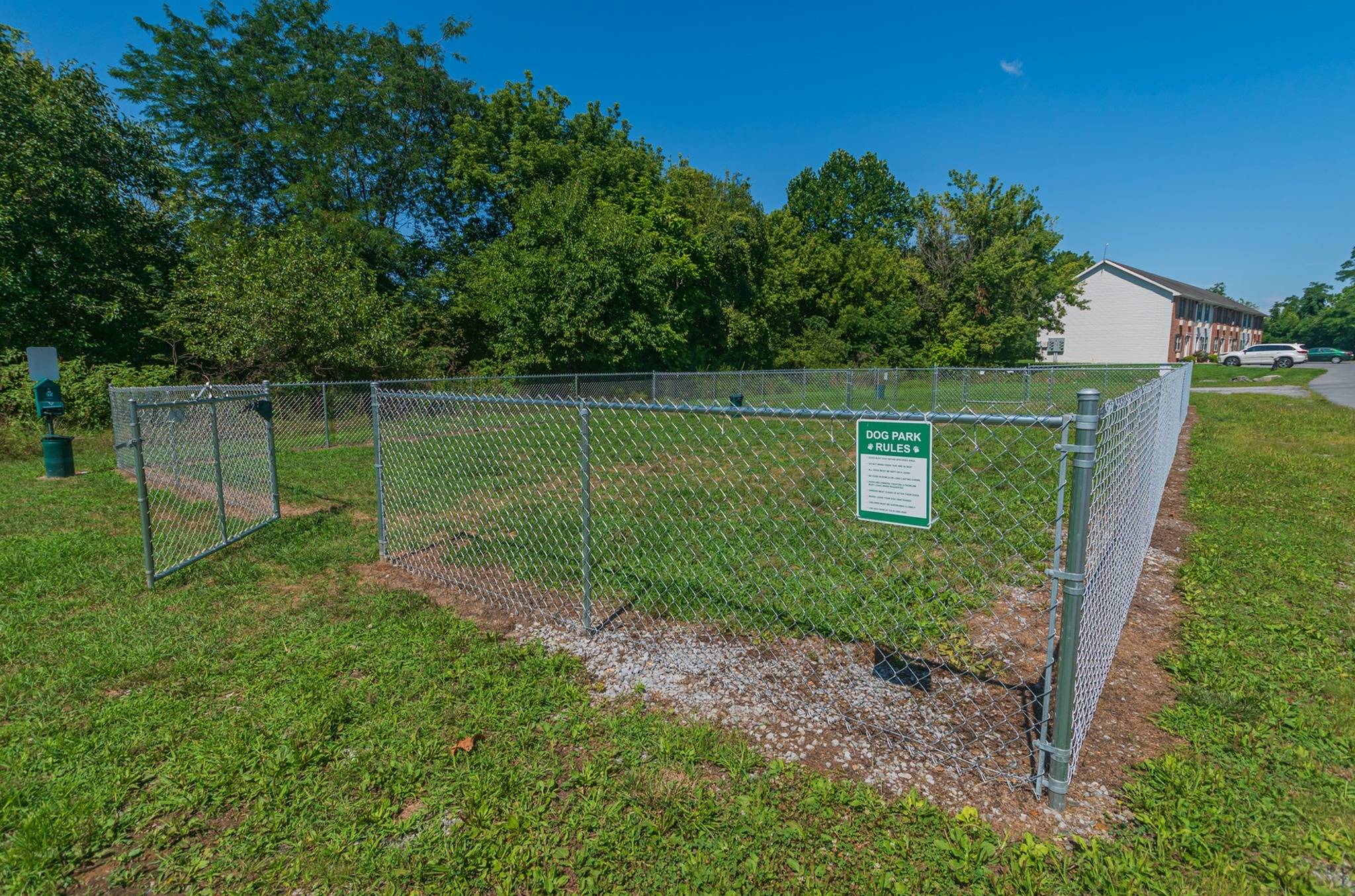 Fenced-in dog park with grass.