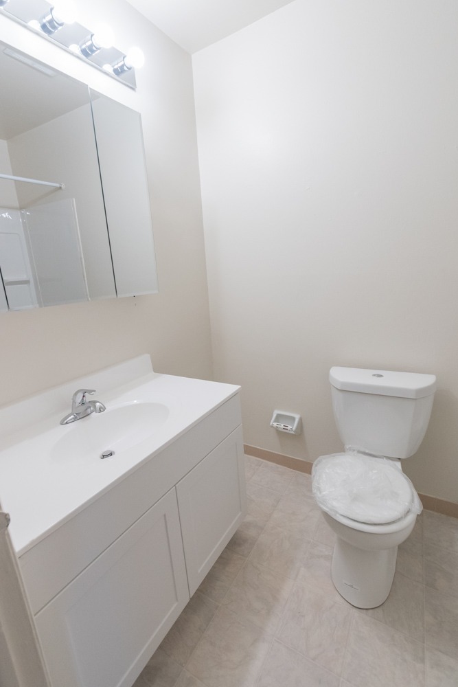 Bathroom with vanity lights, a mirror, a sink with white countertops and cabinets, and a toilet.